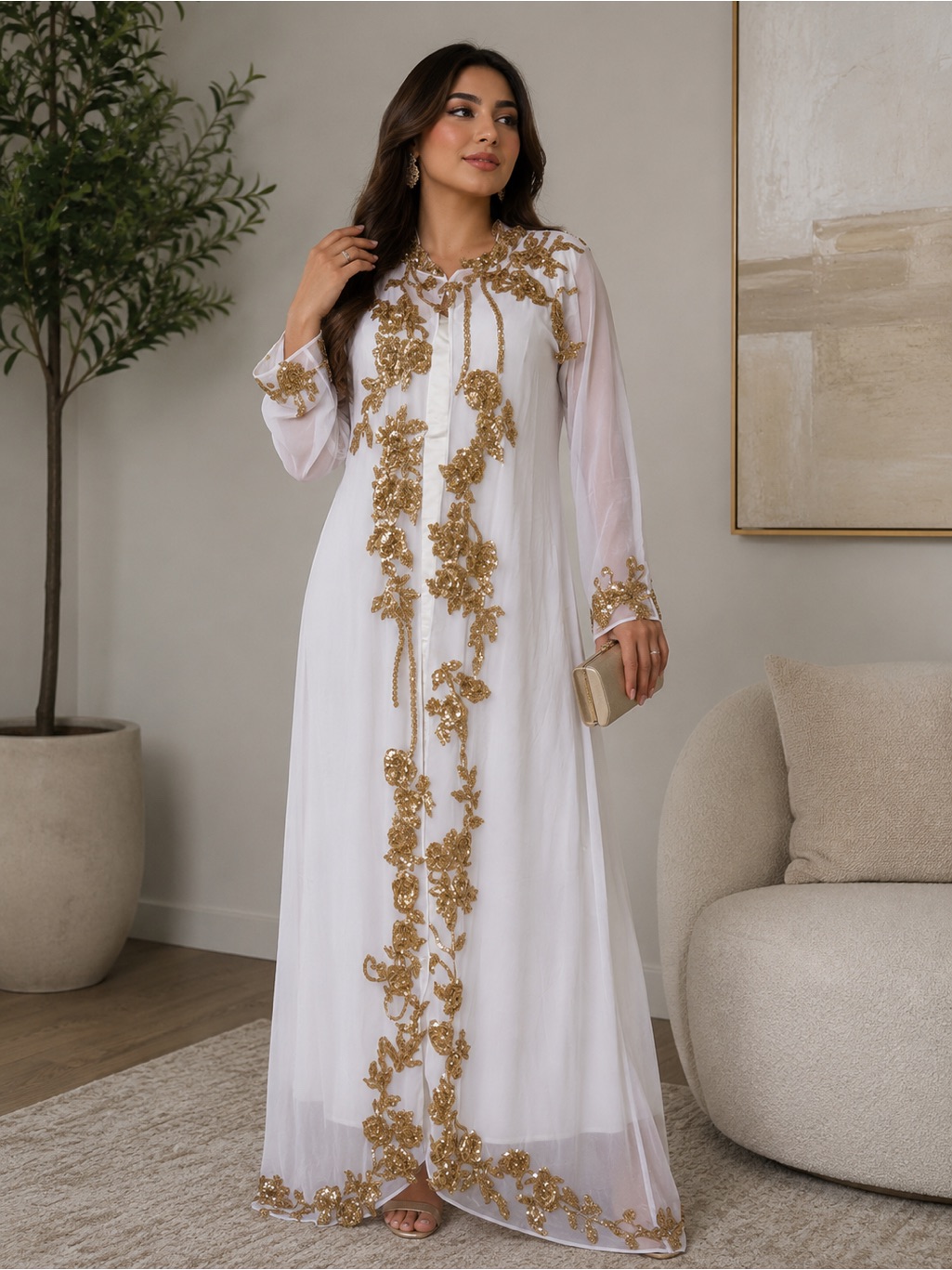 2 Piece Galabiya White Maxi Dress With Gold Embroidery